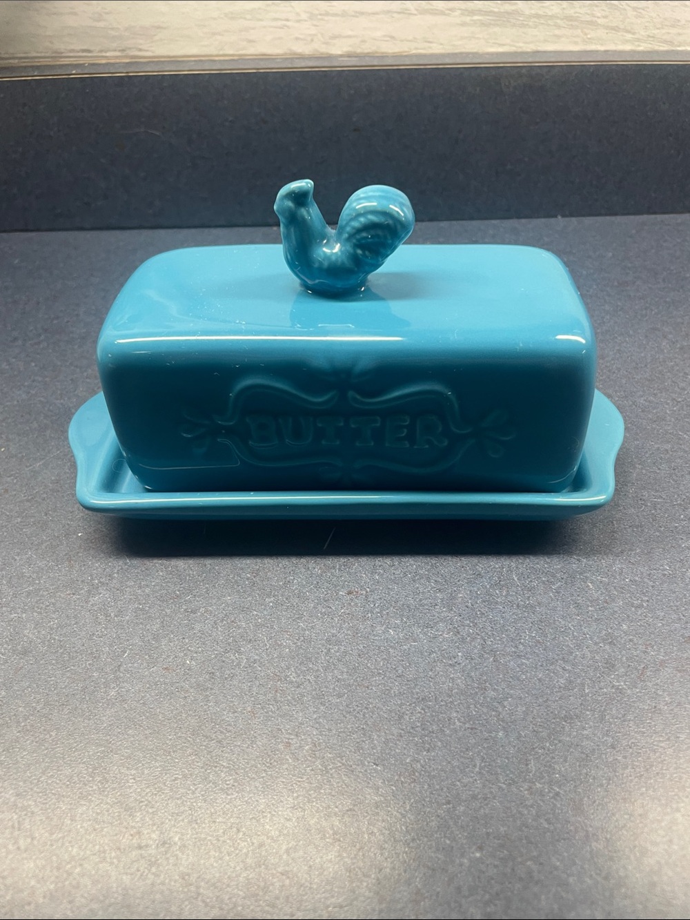 Ceramic Butter Dish with Rooster Handle - Teal